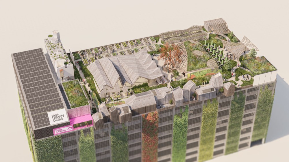 An architectural render of The Urban Oasis rooftop scheme, with garden allotments, timber pavilions and a living green building facade.
